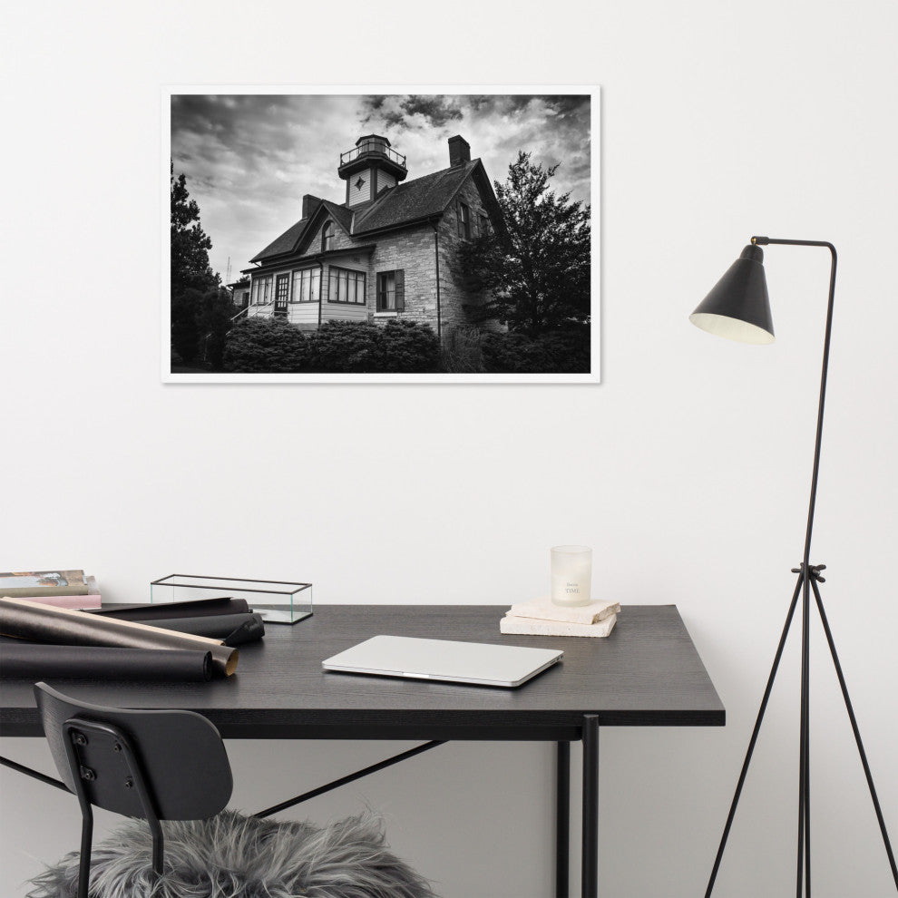 Cedar Point Lighthouse in Black and White Framed Photo Paper Wall Art Prints, White, 24" X 36"