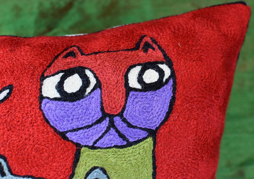 Lumbar Red Pillow Cover Cat Picasso Four Kitties Pillowcase Handmade Wool 14x20