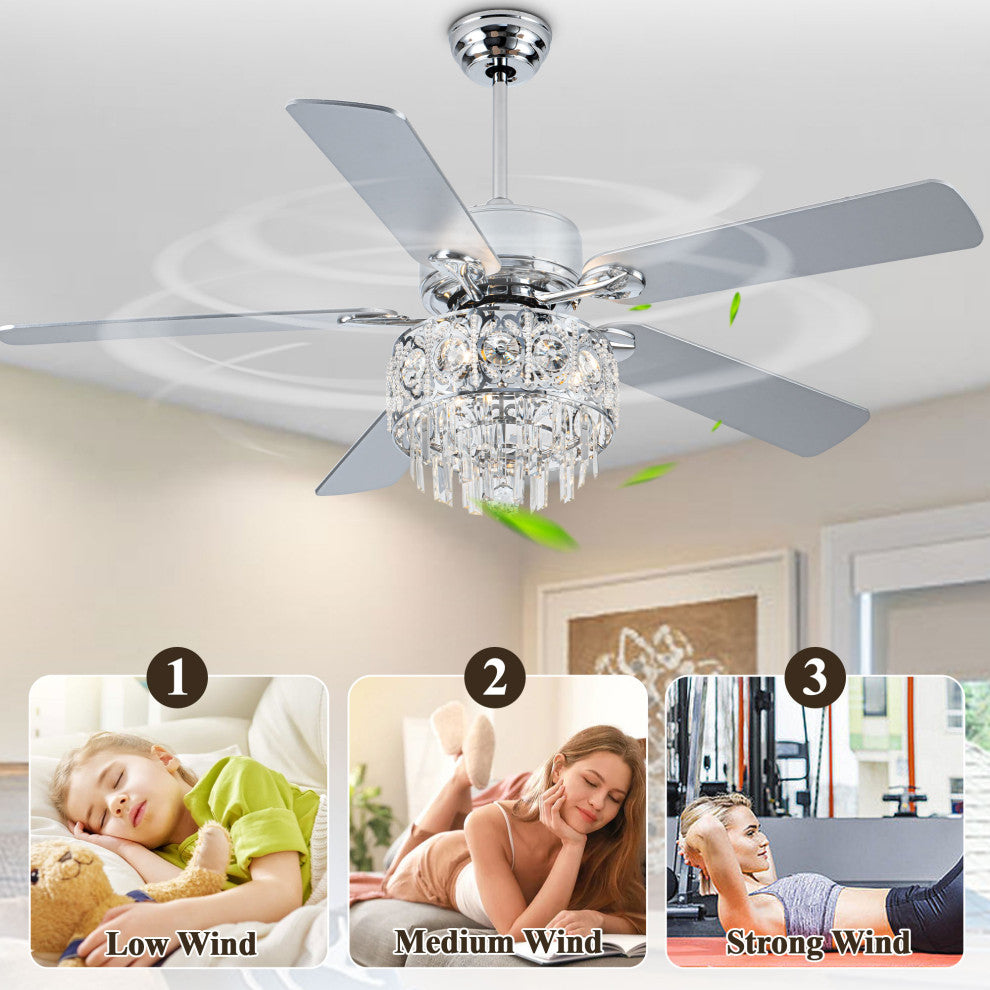 52" Modern Silver Crystal Ceiling Fan 6-speed with Dimmable Light and Remote, Chrome, 52"