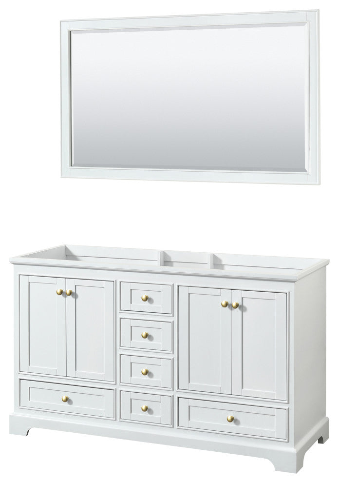 60" Double Bath Vanity, White, No Countertop, Gold Trim, 58" Mirror