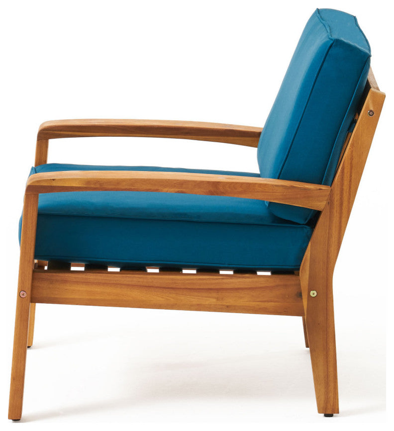 Monterey Outdoor Acacia Wood Club Chairs With Cushions, Set of 4, Teak Finish and Dark Teal