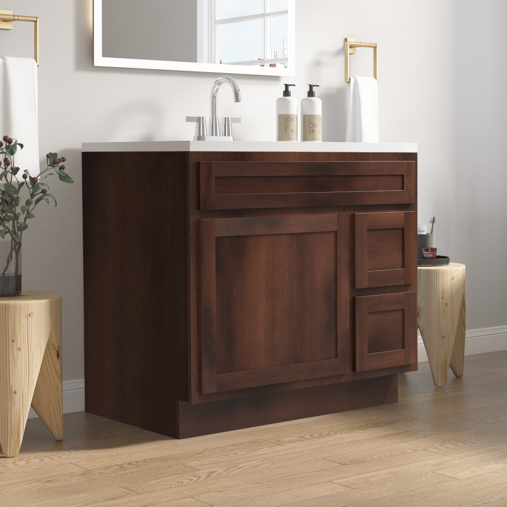 Vanity Art Vanity Base Cabinet, No Top, Drawers on Right, 36", Brown