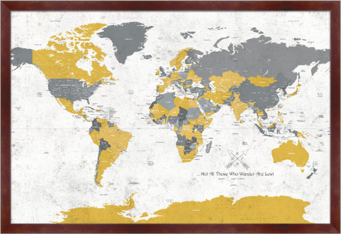 Push Pin Map, Framed, 24"x36" Inches, Dark Brown Frame