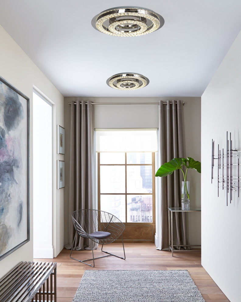 Double Clear Crystal Ring LED Flush Mount, Stainless Steel Frame