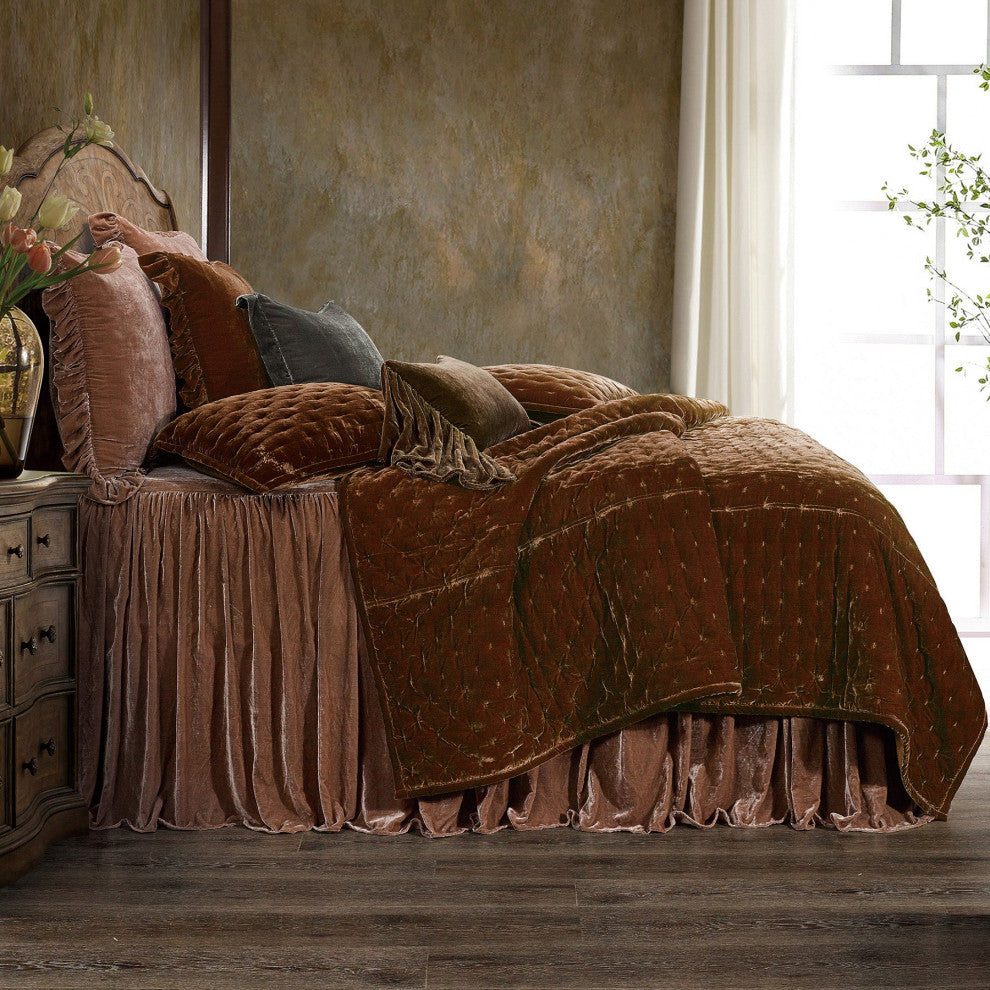 Stella Faux Silk Velvet Quilt, Copper Brown, Twin
