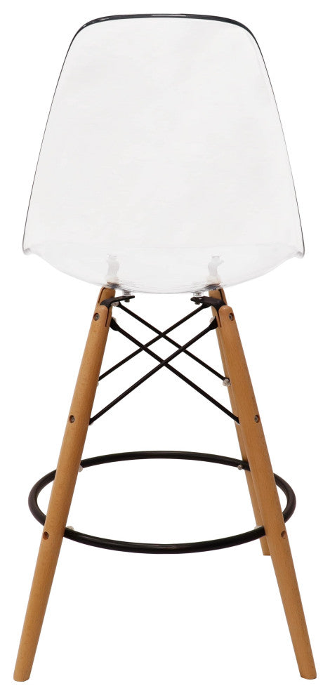 LeisureMod Dover Plastic Barstool With Beech Wood Legs and Footrest, Clear