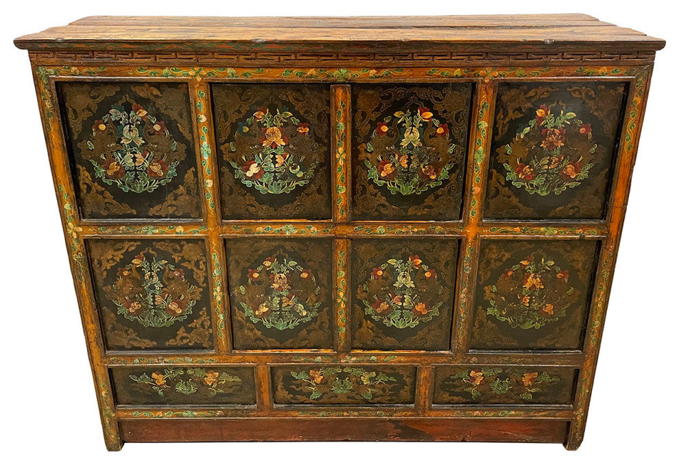 Consigned 19th Century Antique Tibetan Hand Painted Credenza Storage Cabinet