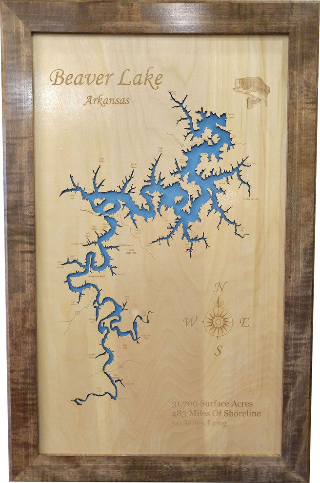 Beaver Lake, Arkansas-Wood Lake Map, Large Framed
