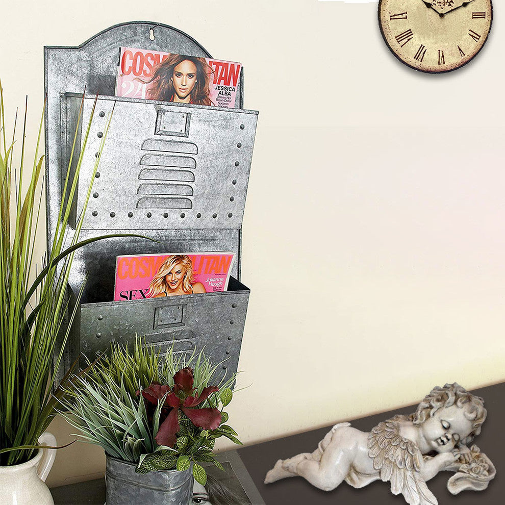 Benzara BM03179 Galvanized Metal Two Tier Wall Pocket Organizer, Gray