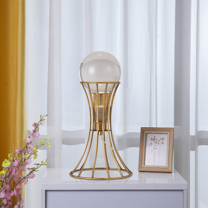 Antique Brass Metal Table Lamp With A Clear Crystal Ball