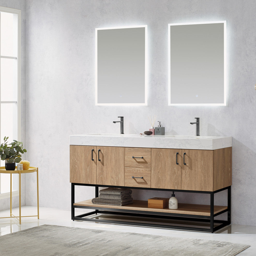 Alistair Vanity, North American Oak, Matte Black Hardware, 60" Double Sink, With Mirror