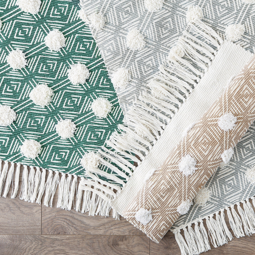 Stone Diamond Printed Off-White Hand-Loomed Shag Rug Runner 2Ft 3Inx6Ft