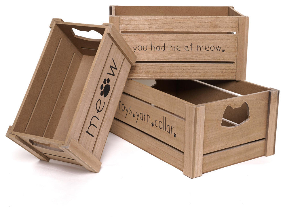 Addie Joy Cat-Themed Wood Storage Crate Organizer Set of 3 - Brown