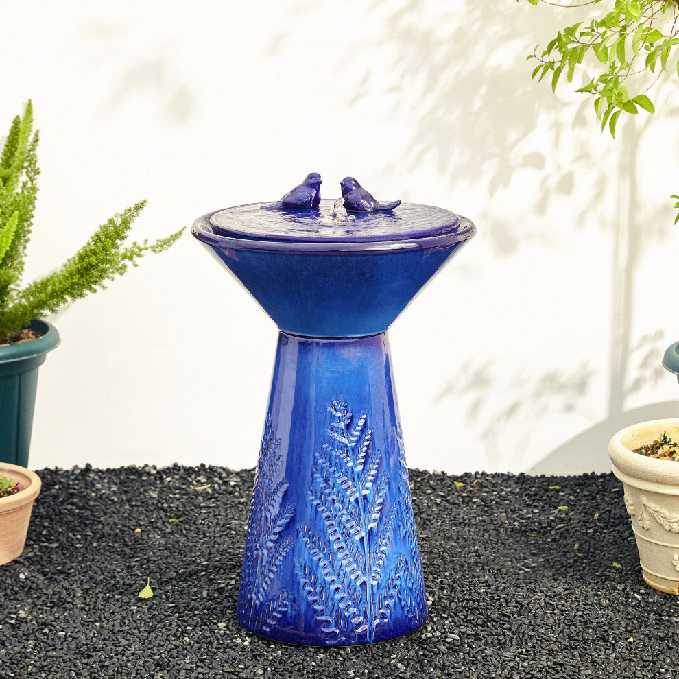 Cobalt Plant Pattern Pedestal Ceramic Fountain