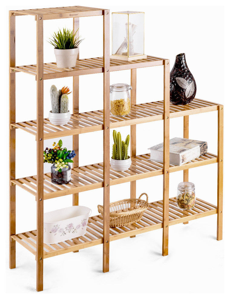 Costway Multifunctional Bamboo Shelf Storage Rack 12 Pots Plant Stand