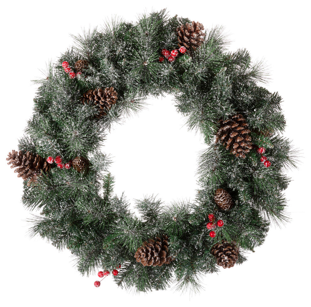24"D Pre-Lit Glittered Pine Cone Christmas Wreath With Warm White LED Light