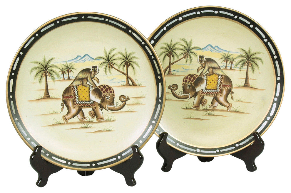 Elephant on Monkey Plates and Plate Stands, Set of 2
