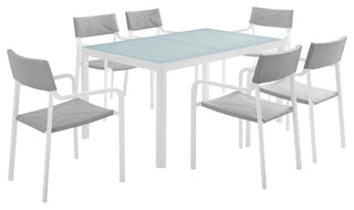 Raleigh Outdoor Patio Aluminum Dining Set With 6 Stackable Chairs, White Gray
