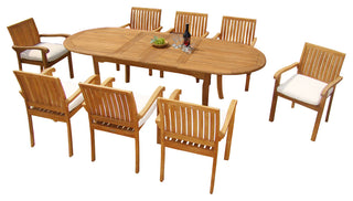 9 Piece Teak Dining Set, 117" Double Extn Oval Table and 8 Nain Stacking Chairs