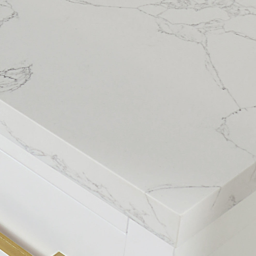 Gavino Vanity With Grain White Composite Stone Top, White/Brushed Gold, 84", With Mirror