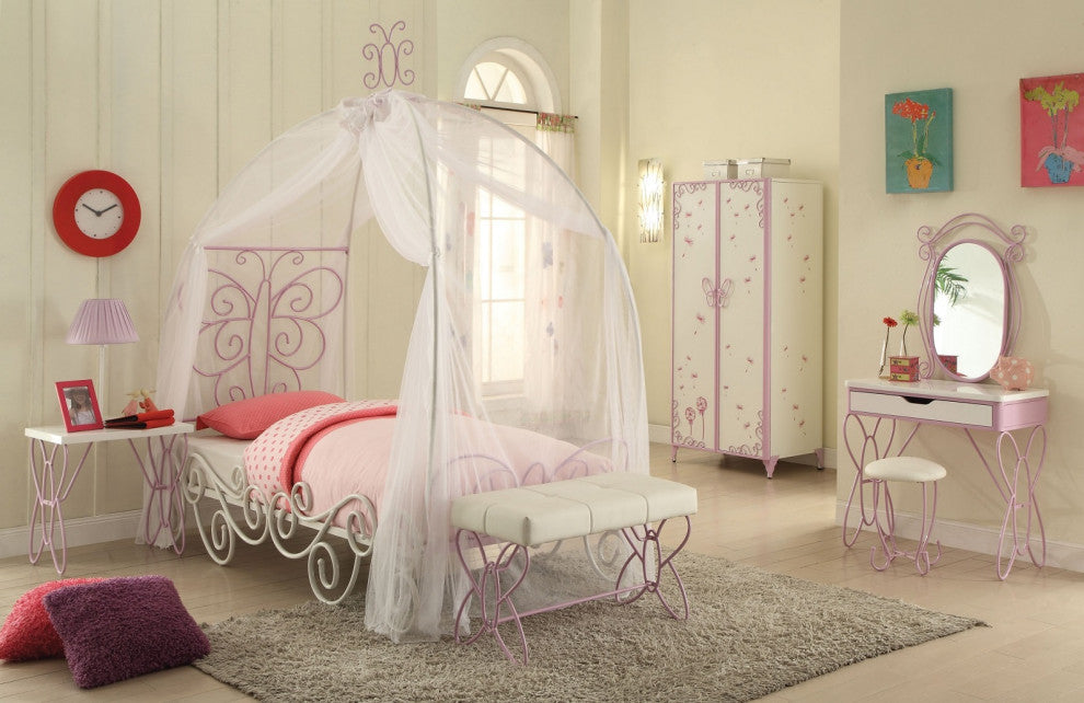 Nightstand with Butterfly Design, White and Light Purple
