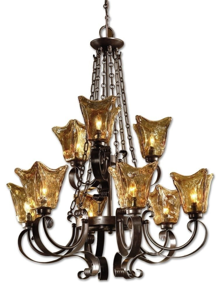 9-Light European Glass and Iron Chandelier