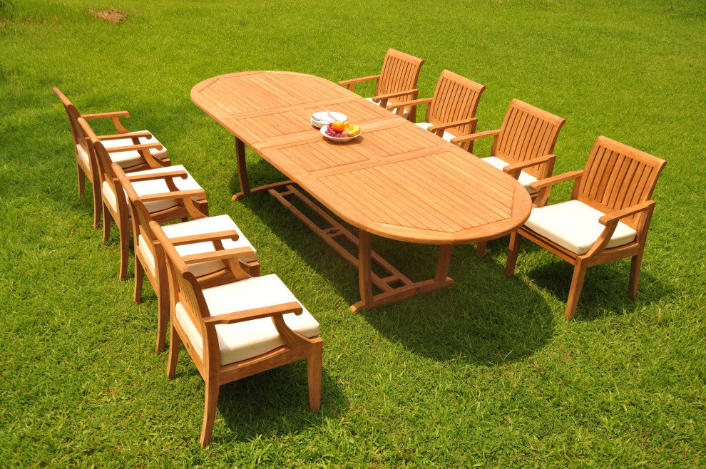 9-Piece Outdoor Teak Dining Set: 117" Masc Oval Extn Table, 8 Lagos Arm Chairs