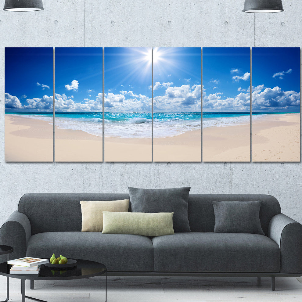Beautiful Tropical Beach Panorama, Modern Seashore Canvas Art, 70"x28", 6 Panels