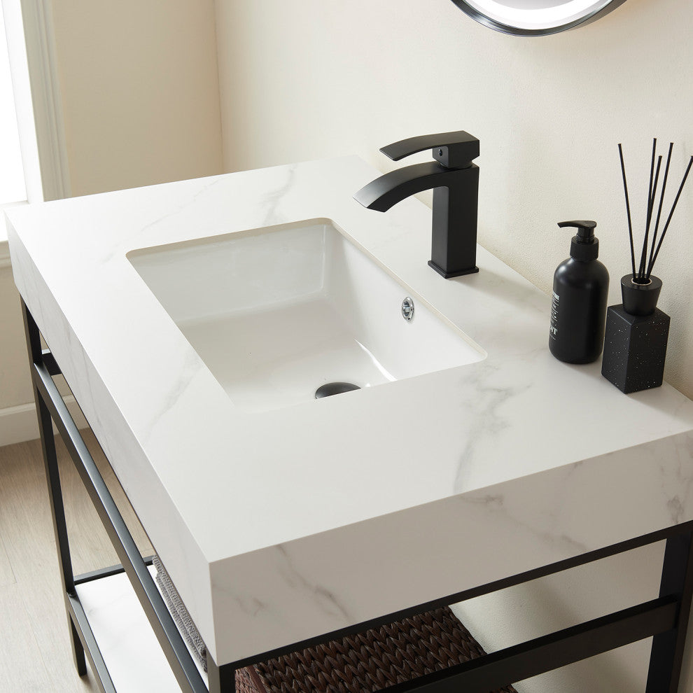 Funes Bath Vanity with Mirror, Matte Black Support, 36'''', White Stone Top