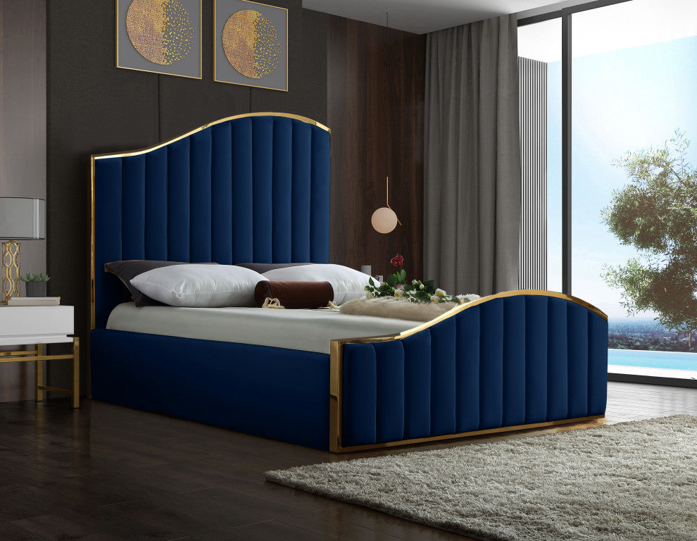 Jolie Black Velvet King Bed, Navy, Queen