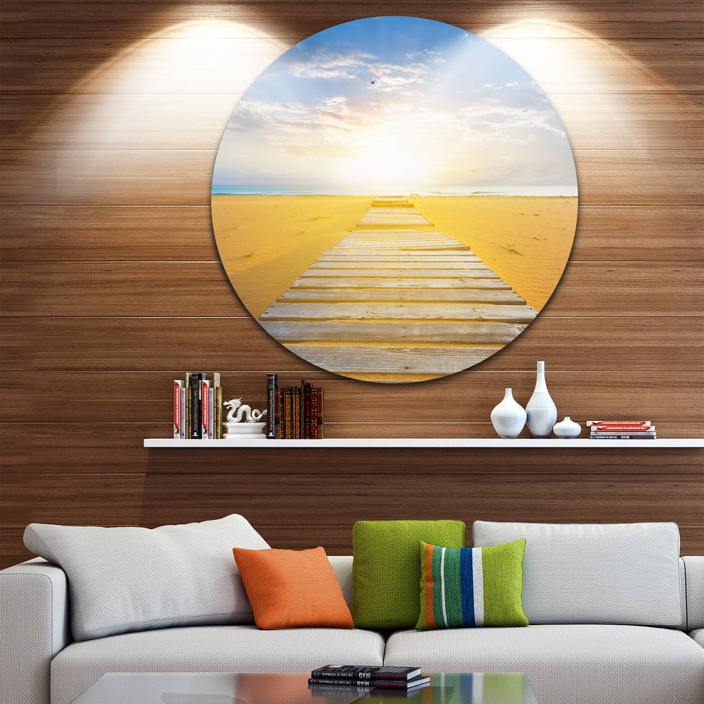 Wooden Road At Blue Sea Beach, Sea Bridge Disc Metal Artwork, 36"