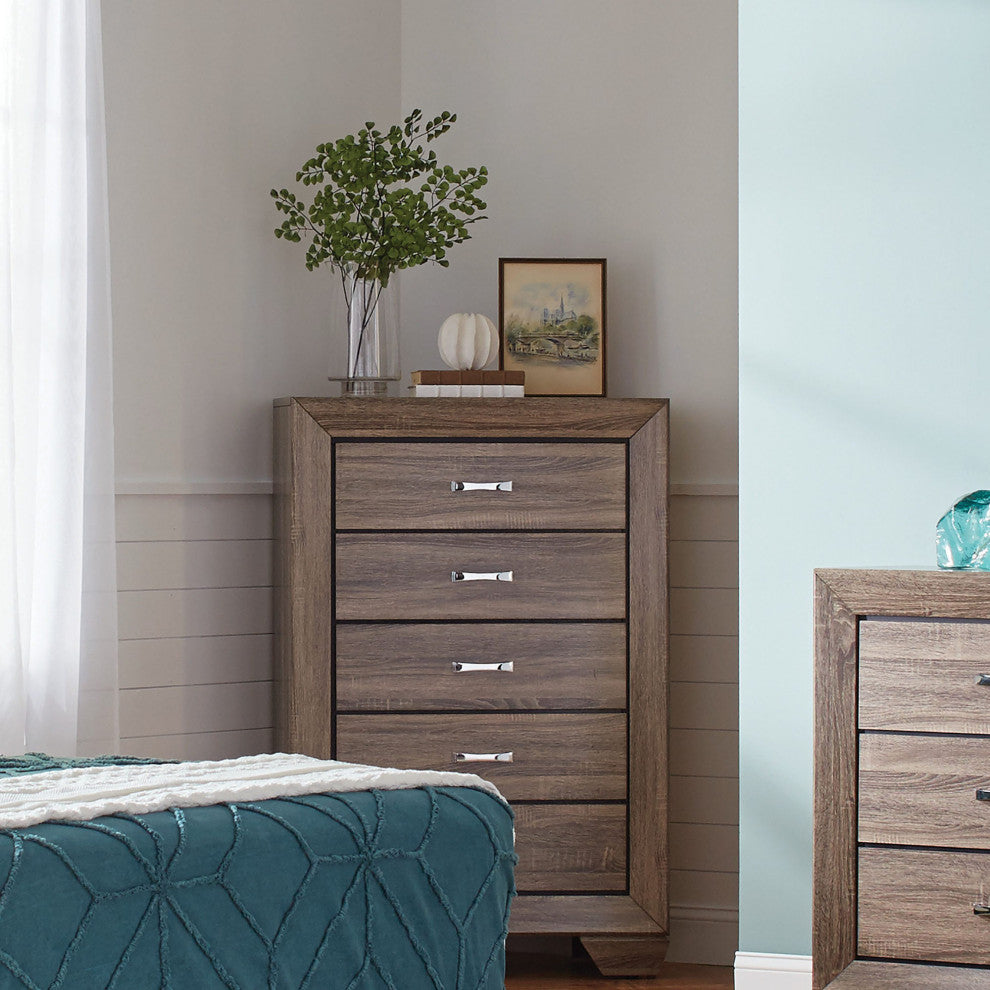 Wood Chest with 5 Drawers, Washed Taupe