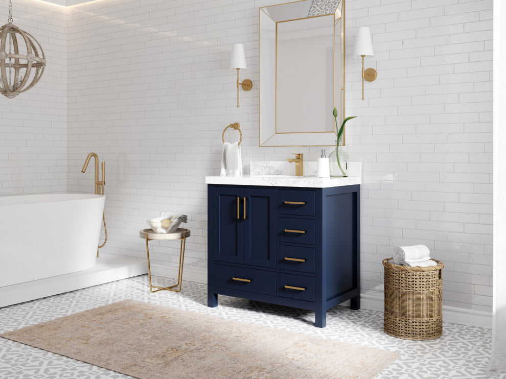 Malibu 36 Center Sink Bath Vanity in Navy Blue 2" White Quartz