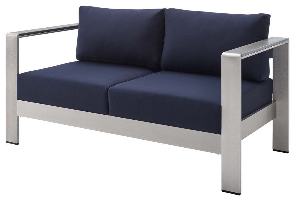 Sectional Sofa Chair Table Set, Sunbrella, Aluminum, Silver Blue Navy, Outdoor