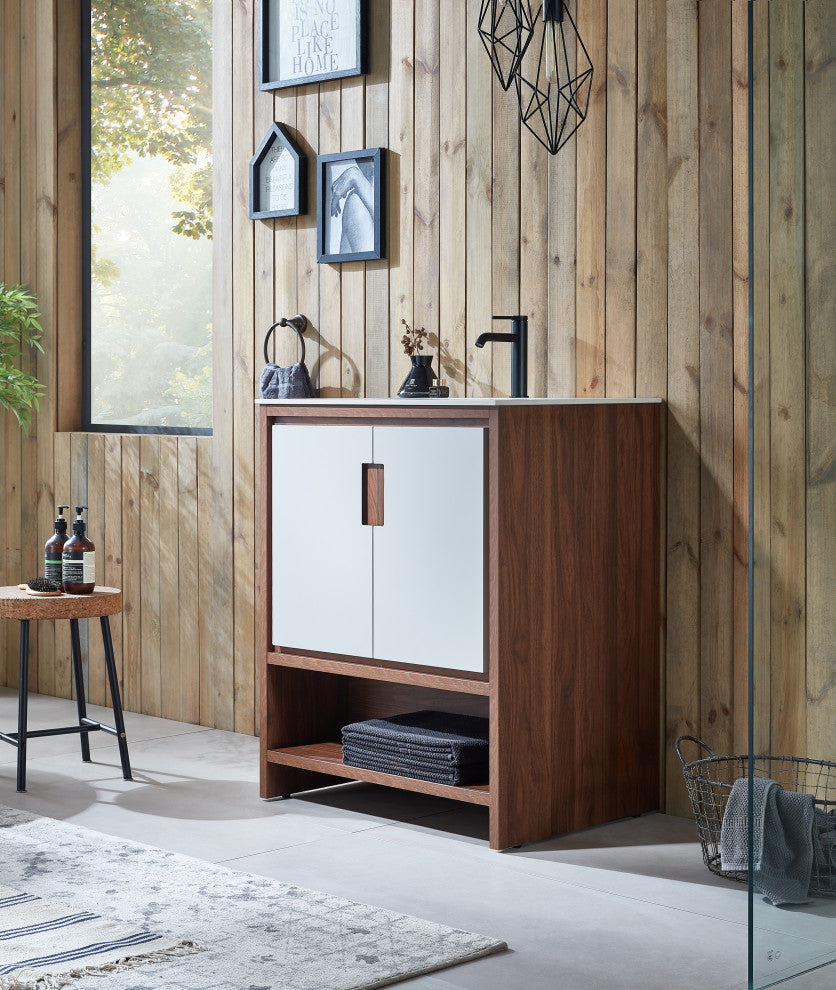 LYON Freestanding Modern Bathroom Vanity, Beige, 30", White Countertop