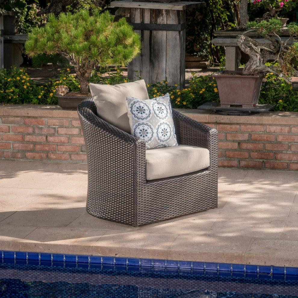 GDF Studio Dillard Outdoor Mix Brown Wicker Swivel Club Chair, Mix Khaki, Single