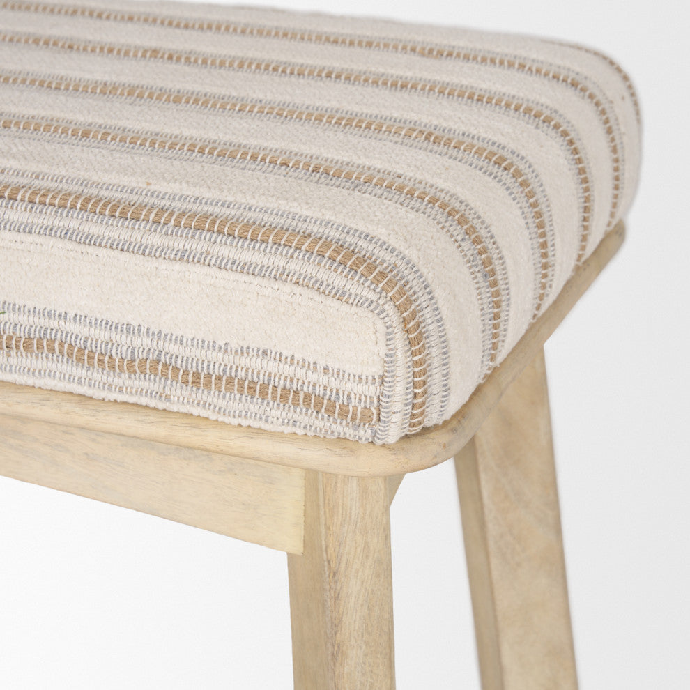 Taimo White Washed Light Brown Wood With Striped Fabric Seat Bench