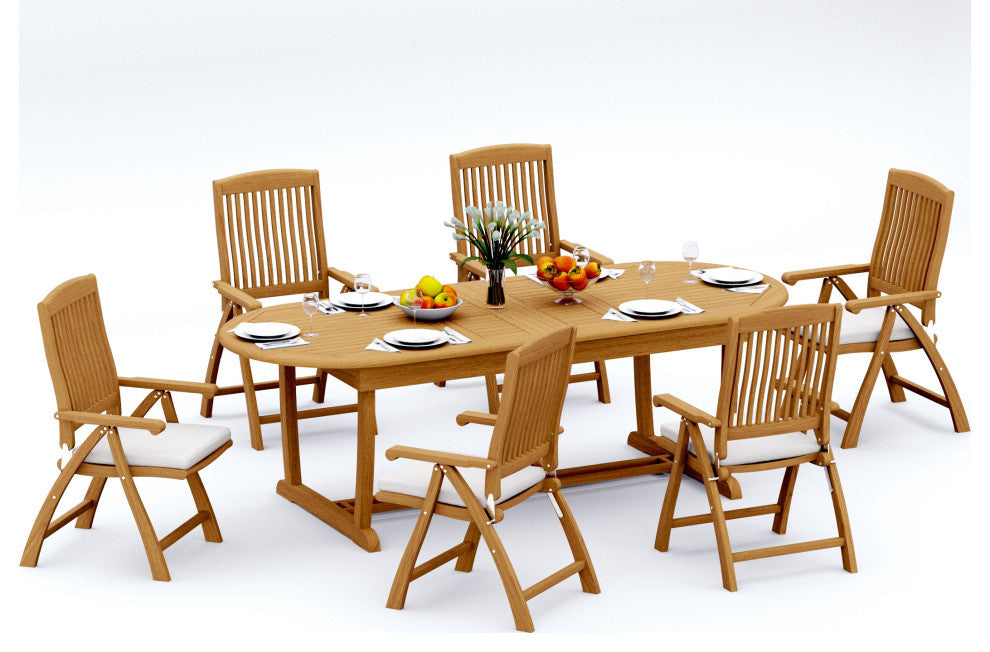 7-Piece Outdoor Teak Dining Set: 94" Masc Oval Table & 6 Marley Reclining Chairs