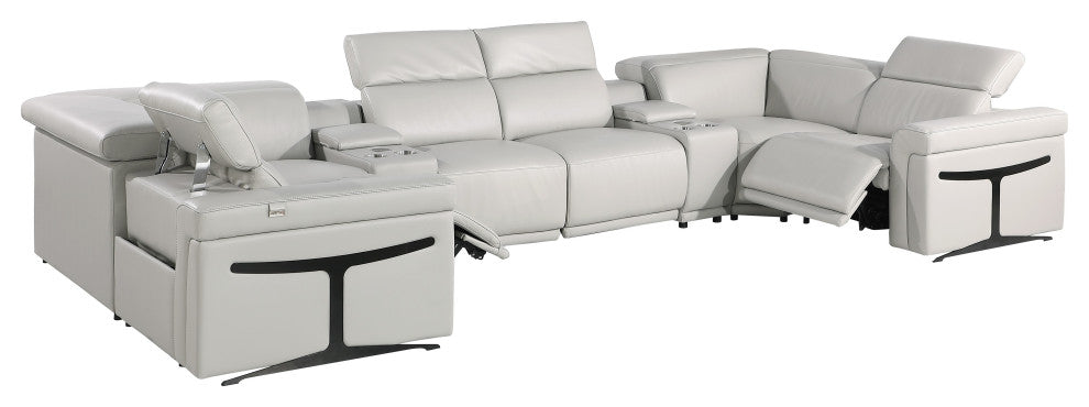 GIOVANNI 8-Piece 2-Power Reclining Italian Leather Sectional, Light Gray