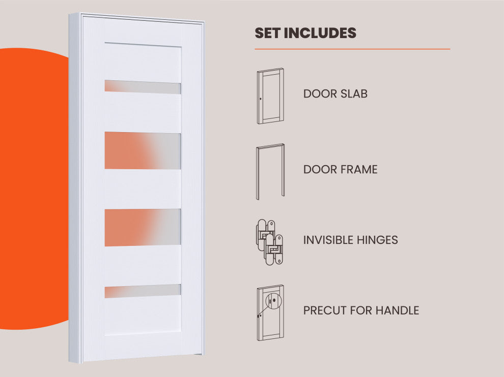 Mirella Bianco Noble with Concealed Hinges, Tempered Frosted Glass, Solid Core, 24" X 80", Left-Hand