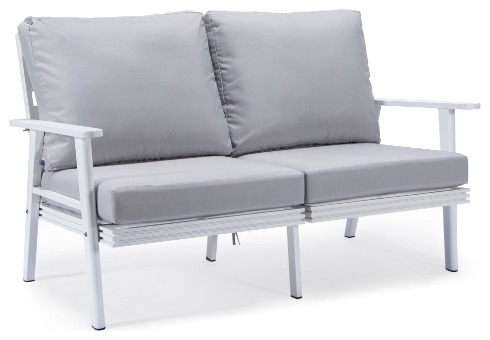 Leisuremod Walbrooke Patio Loveseat With White Aluminum Frame, Light Gray