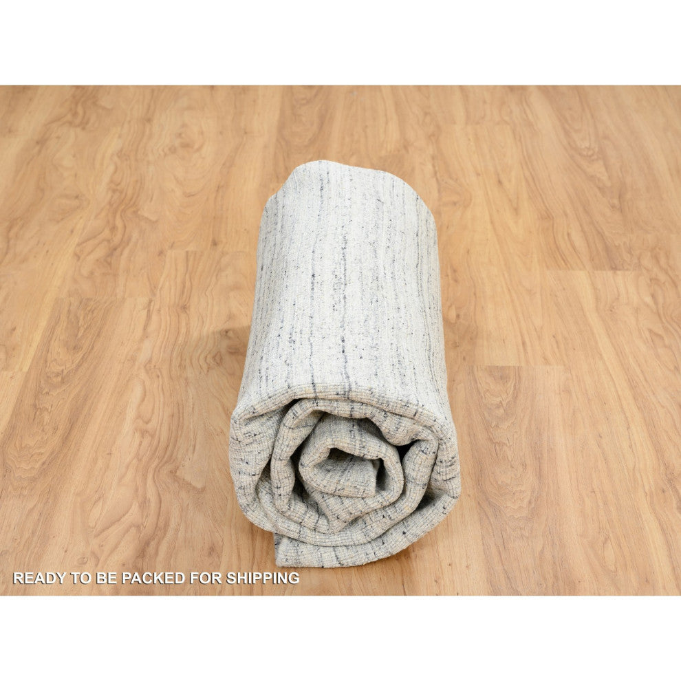 Ivory, Plain Modern Striped Design, Soft Wool Hand Loomed Round Rug, 8'0"x8'0"