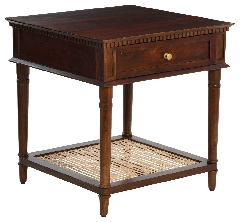 Maxwelton Acacia Wood and Cane Bed Side Table, Brown