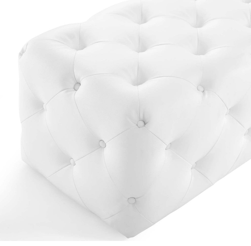 Tufted Accent Chair Bench, Faux Leather, White, Modern, Lounge Hospitality