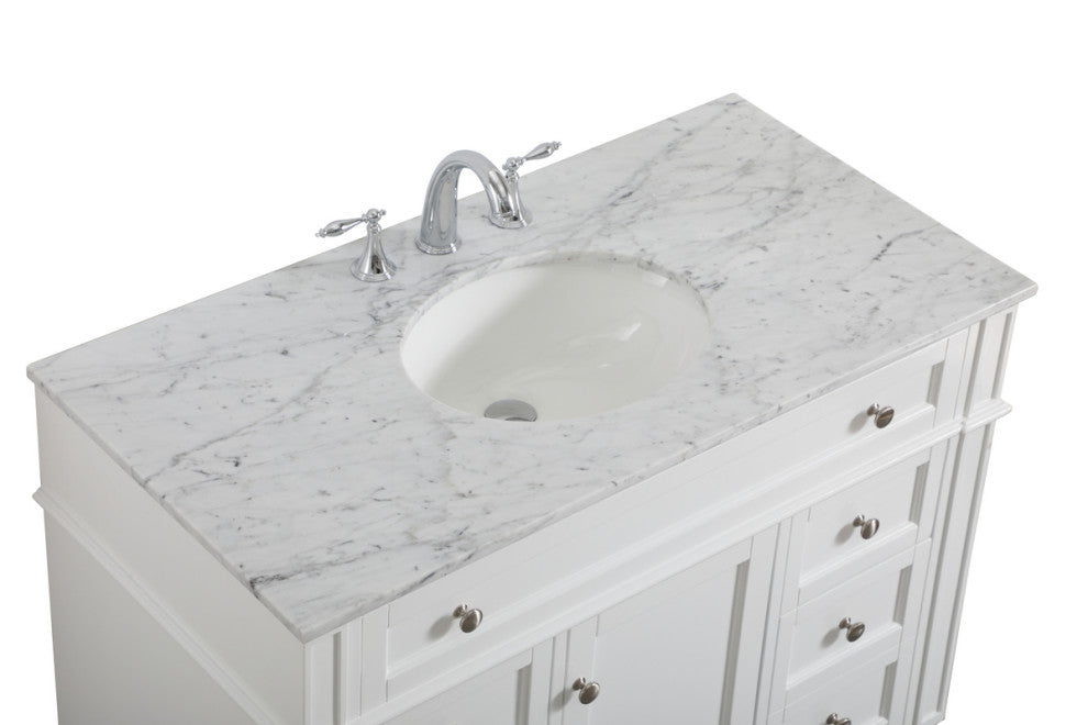 Home Living Vanity with Carrara White Marble Countertop, White, 42", Single Sink