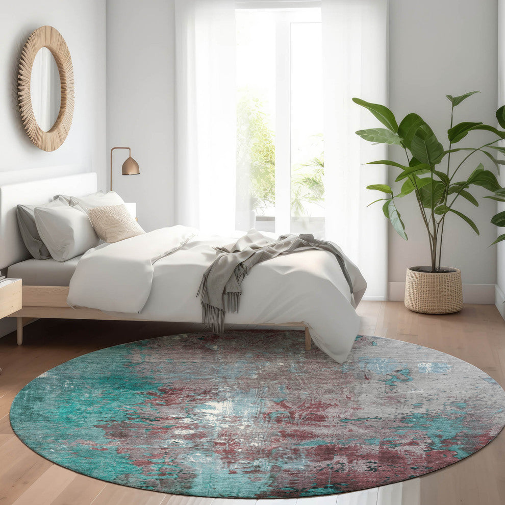 Machine Washable Indoor/Outdoor Chantille ACN1870 Teal 8' x 8' Round Rug