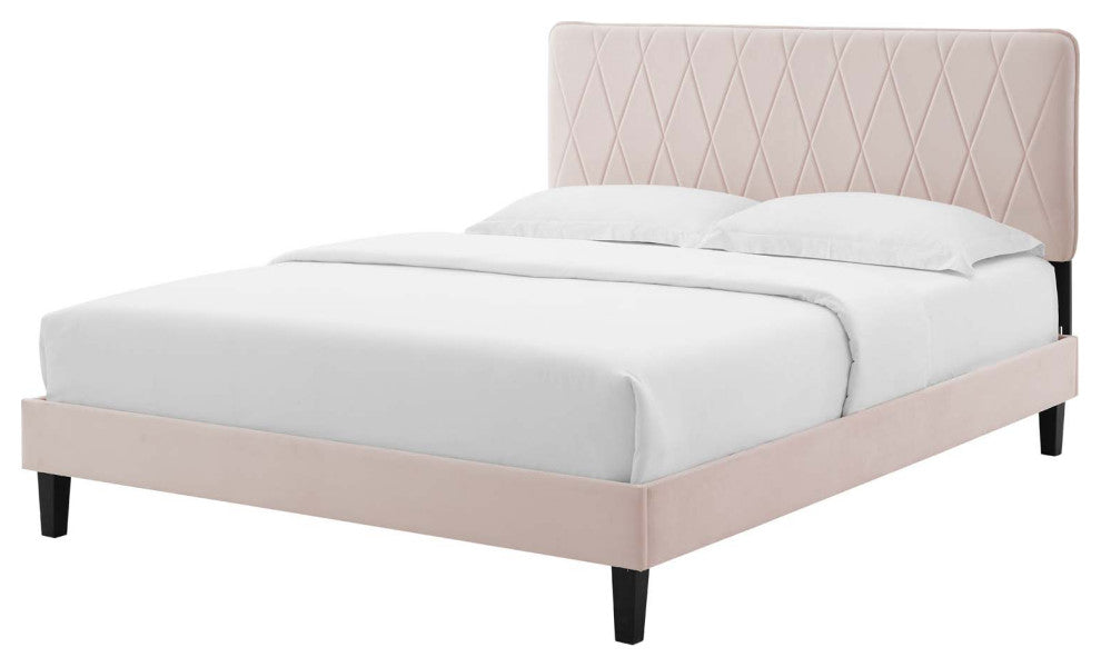 Platform Bed Frame, King Size, Velvet, Pink, Modern Contemporary, Bedroom Master