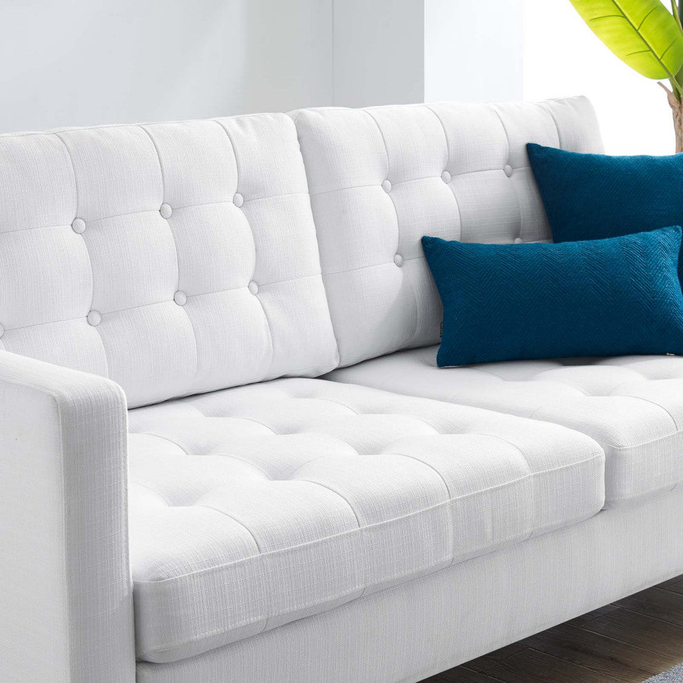 Tufted Sofa, Fabric, White, Modern, Living Lounge Room Hotel Lobby Hospitality