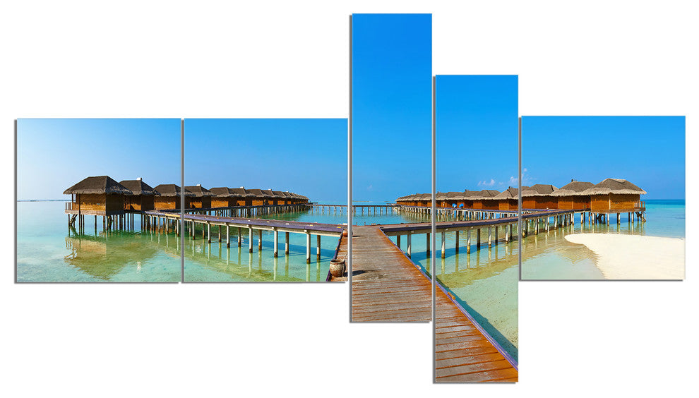 Bungalows in Maldives Island, Landscape Photo Canvas Print, 60"x32", 5 panels