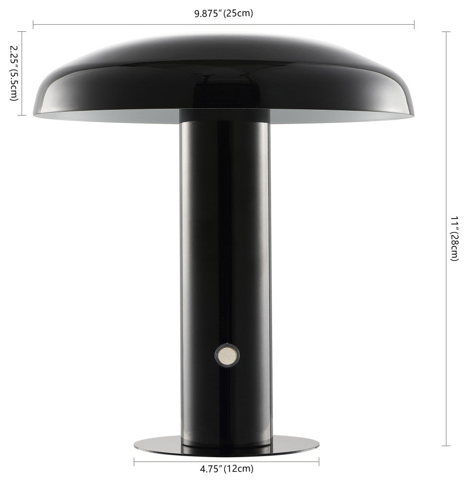 Suillius 11" Rechargeable/Cordless Iron Integrated Mushroom Table Lamp, Black